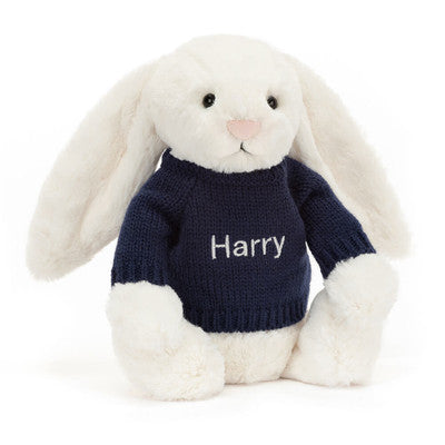 Bashful Cream Bunny with Personalised Navy Jumper