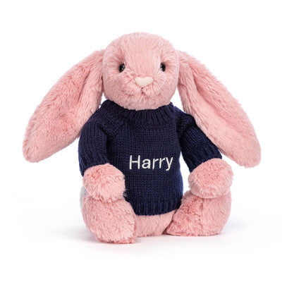 Bashful Petal Bunny with Personalised Navy Jumper
