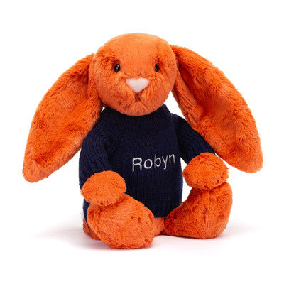 Bashful Tangerine Bunny with Personalised Navy Jumper
