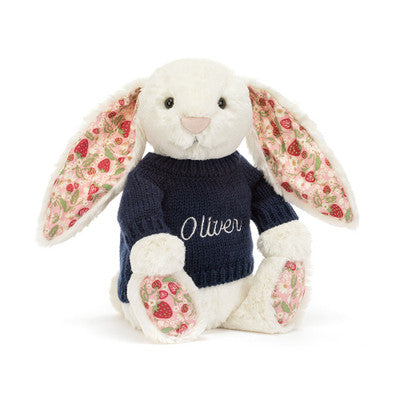 Blossom Cream Bunny ‘Berry’ with Personalised Navy Jumper