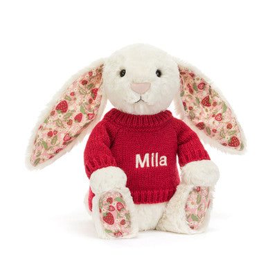 Blossom Cream Bunny ‘Berry’ with Personalised Red Jumper