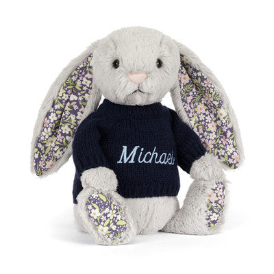 Blossom Silver Bunny ‘Bloom’ with Personalised Navy Jumper